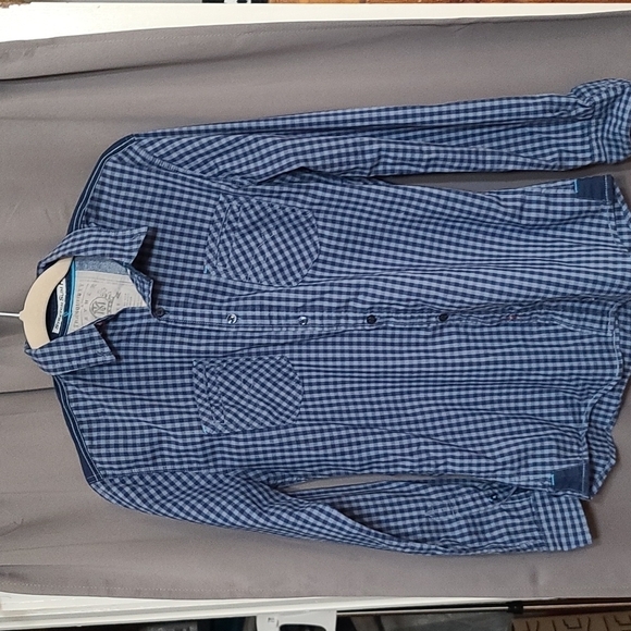 Tranquility Mayhem Men's Shirt  Blue Plaid Button Down Stretch Slim Fit Sz S EUC - Picture 1 of 5